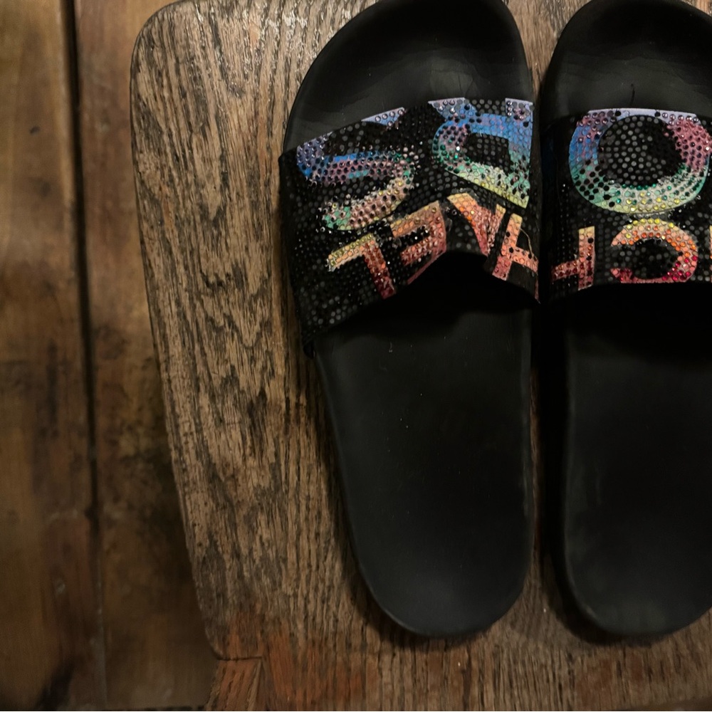 Michael Kors Black Slides with Colorful Logo - Picture 2 of 2